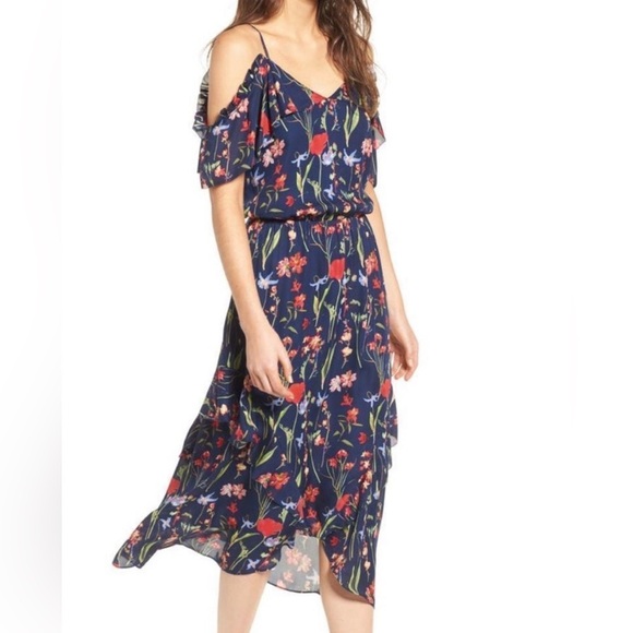 Parker Dresses & Skirts - Parker Kam Floral Print Ruffled Silk Cold Shoulder Midi Dress Gardenia Night M